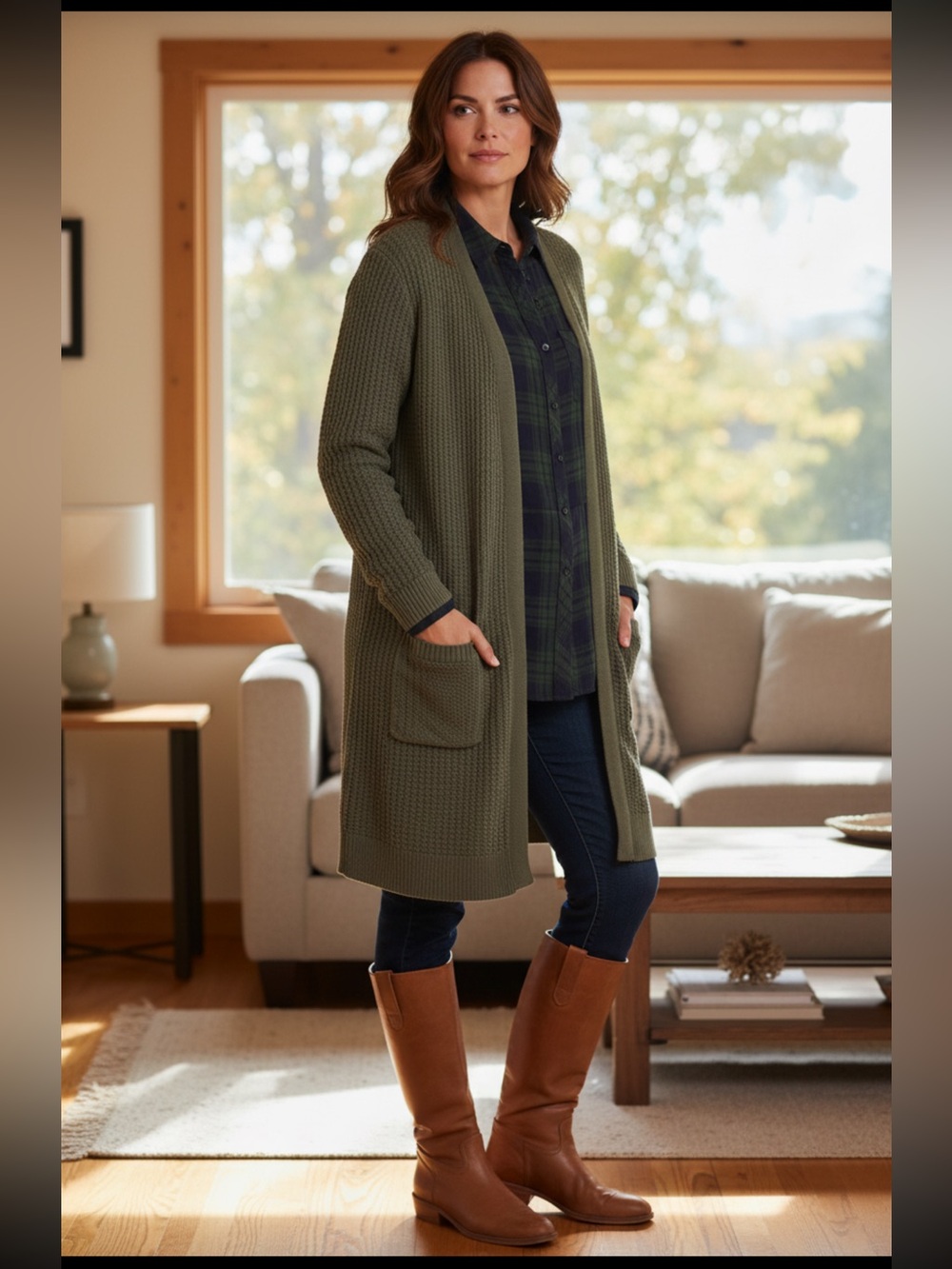 Market & Spruce Sage:Olive Green Knit Long Cardigan SM